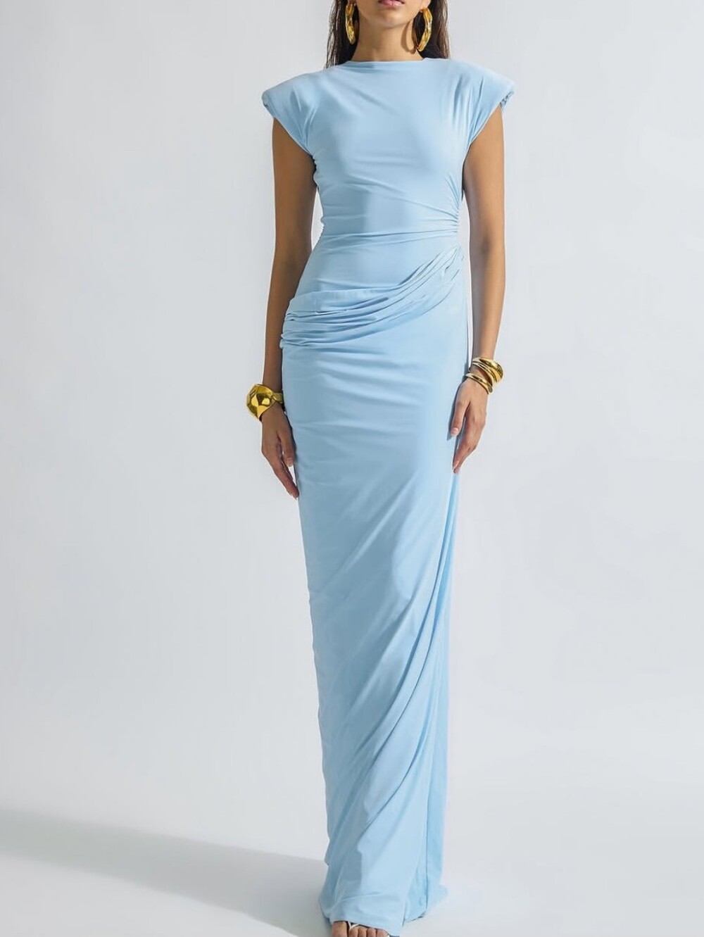 Deme by Gabriella Lucia Draped Cap-Sleeve Maxi Dress in Light Blue Size M